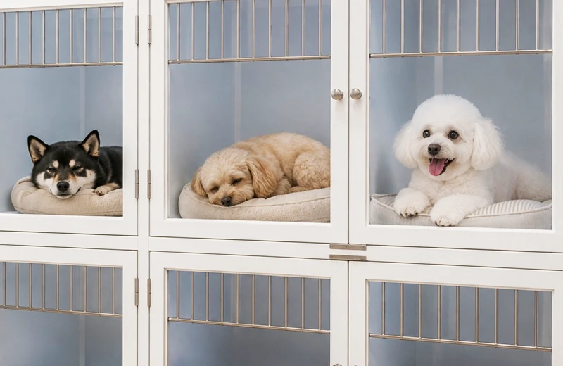ホテルのフリースペースで過ごす愛犬たち